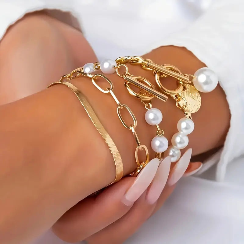 Chic Gull 4-Piece Armbånd Sett - Slange, Perler & Lenker | Gull