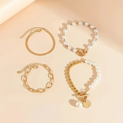 Chic Gull 4-Piece Armbånd Sett - Slange, Perler & Lenker | Gull